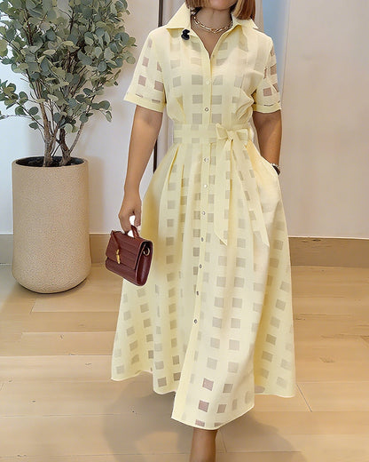 Women's Sheer Plaid Maxi Dress Short Sleeve Double Layer Swing Vacation Dress Elegant Flowy A Line Dress with Belt