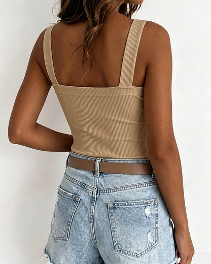 Women's Ribbed Knit Tank Top Square Neck Slim Fit Cami Top Adjustable Eyelet Strap Backless Top