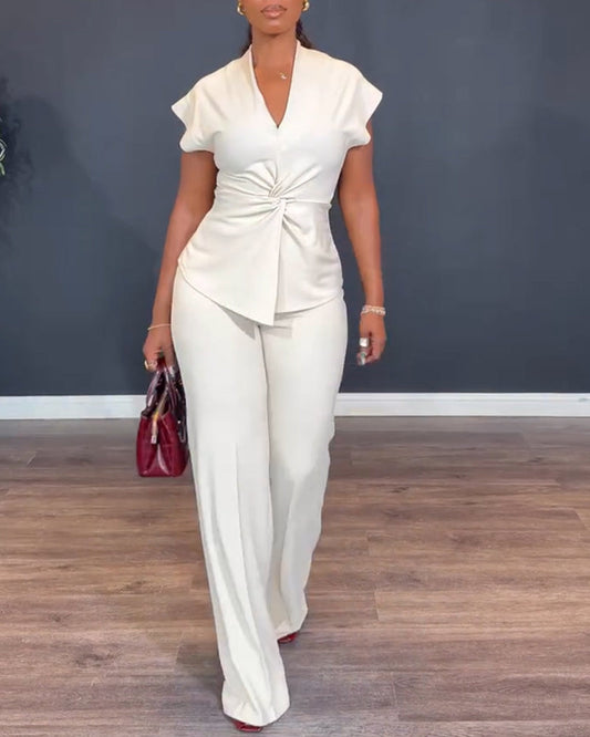 Women's 2 Piece Outfits V Neck Twist Front Slit Top and High Waisted Straight Leg Pants Set Commute Business Casual Suit