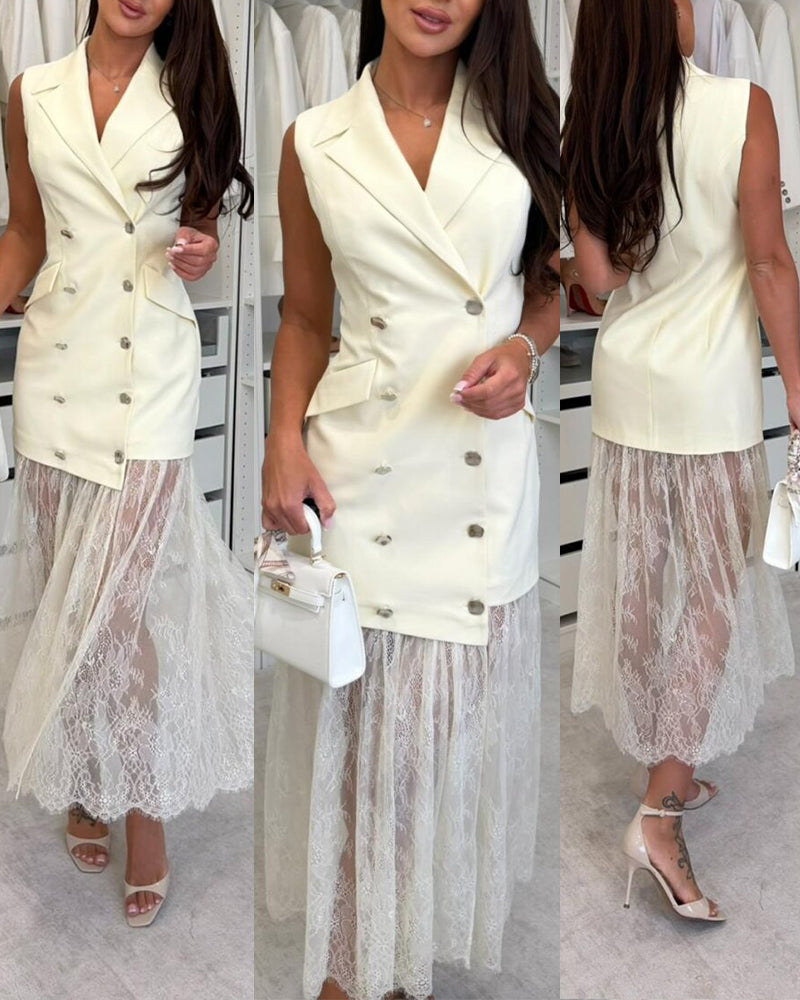 Women's Lace Spliced Blazer Dress Sleeveless Double Breasted Lapel Collar Maxi Dress