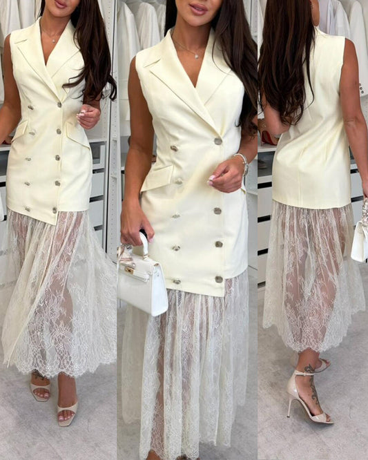 Women's Lace Spliced Blazer Dress Sleeveless Double Breasted Lapel Collar Maxi Dress