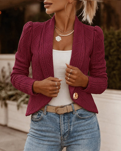 Women's Shawl Collar Crop Jacket Argyle Cable Knit Textured Slim Fit Short Blazer Elegant Single Breasted Work Outwear