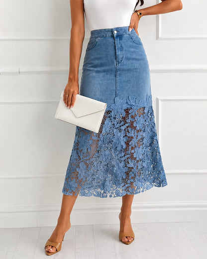 Women's Guipure Lace Spliced Denim Skirt High Waisted Jean Skirt French-Style Casual Skirt