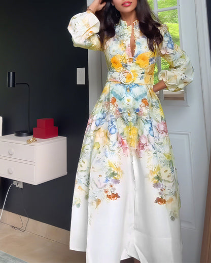 Lantern Sleeve Button Down Evening Dress Cinched Waist Vacation Dress with Belt