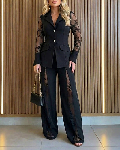 Women's 2 Piece Blazer Suit Set Elegant Lace Patchwork Long Sleeve Coat and High Waisted Straight Leg Pants