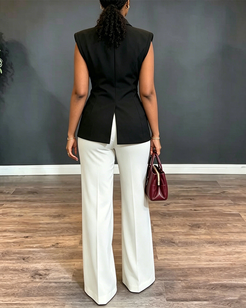 Women's Colorblock 2 Piece Suit Asymmetric Blazer Vest and High Waisted Straight Leg Pants Elegant Business Outfit