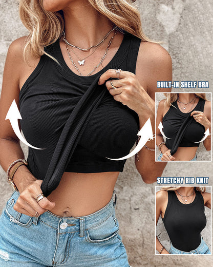 Missysecret Built-in Bra Ribbed Round Neck Tank Top