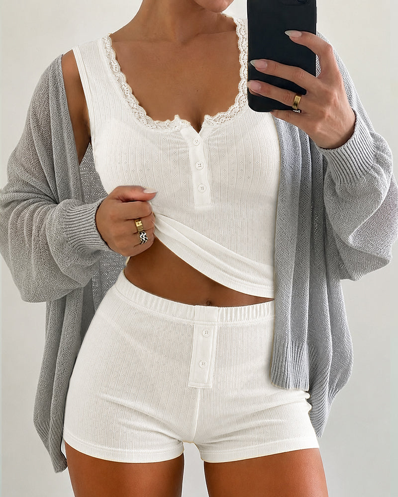 Women's 2-Piece Pajamas Set Lace Trim Henley Neck Tank Top and Shorts Set Casual Loungewear