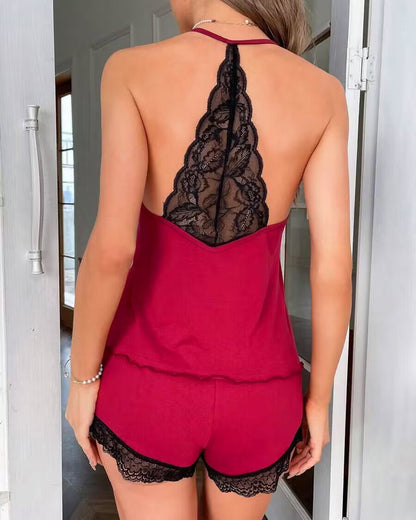 Crochet Lace Trim Backless Cami Top And Shorts Set Pajams Set Sleepwear