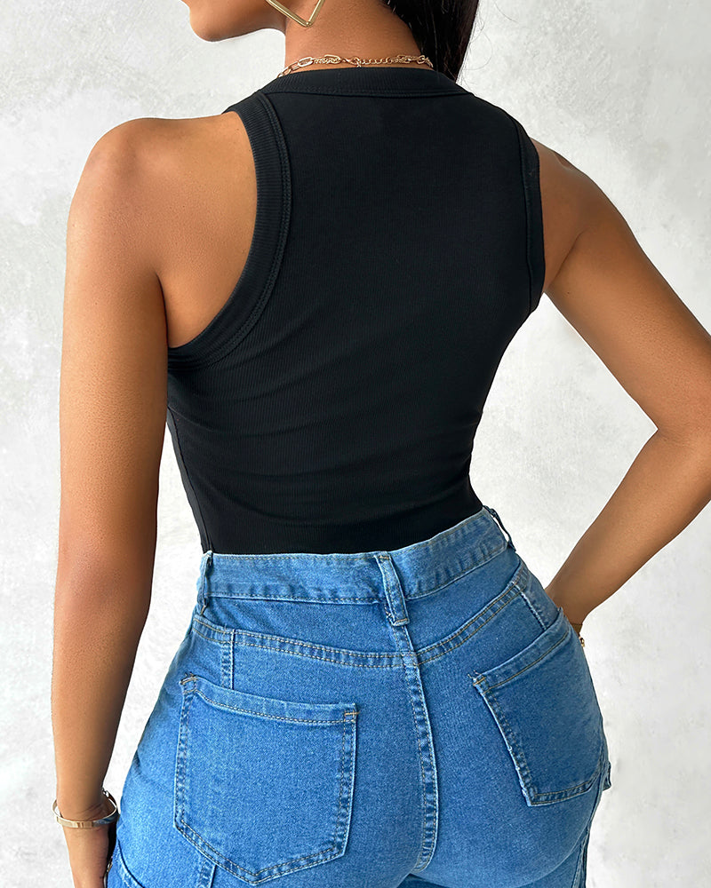 Missysecret Built-in Bra Ribbed Round Neck Tank Top