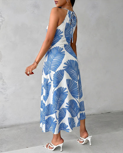 Women's Tropical Palm Leaf Print Halter Tie Midi Dress Sexy Hollow Out Ruched Slit Summer Vacation Dress