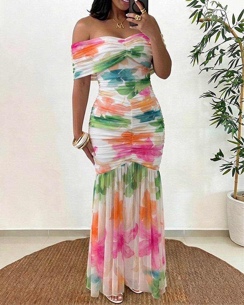 Women's Foldover Off-Shoulder Floral Mermaid Dress Mesh Ruched Maxi Gown with Detachable Clear Straps