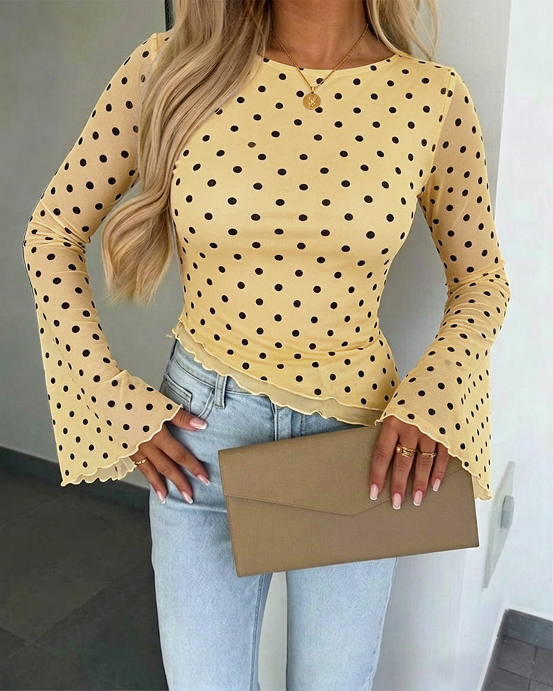 Women's Polka Dot Mesh Top Flare Long Sleeve Boat Neck Lined Asymmetric Frill Hem Blouse Vintage Party Shirt