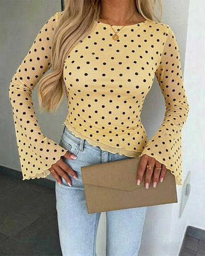 Women's Polka Dot Mesh Top Flare Long Sleeve Boat Neck Lined Asymmetric Frill Hem Blouse Vintage Party Shirt