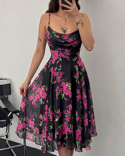 Women's Floral Print Cowl Neck Cami Dress High Waisted Sheer Mesh Overlay A-Line Dress Elegant Backless Flowy Party Dress