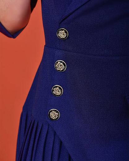 Women's Notch Lapel Blazer Dress Puff Sleeve Side Button Asymmetrical Pleated Hem A Line Work Dress