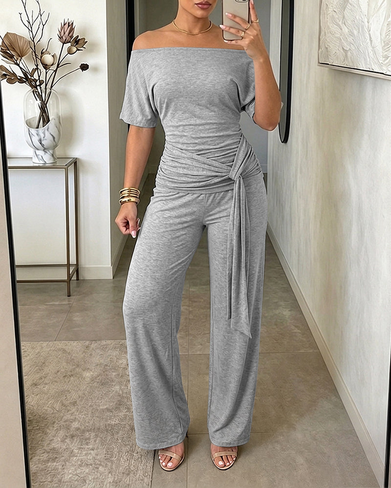Women's Skew Neck 2 Piece Outfits Ruched Tie Waist Short Sleeve Top and High Waisted Wide Leg Pants Lounge Set