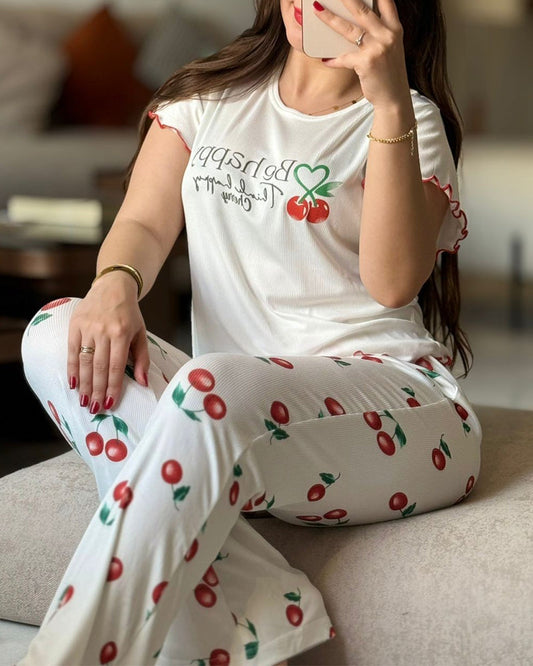 2 Pieces Outfit Letter & cherry Print Short Sleeve Frill Trim Top and Elastic Waist Pants Set Casual Ribbed Pajamas Set