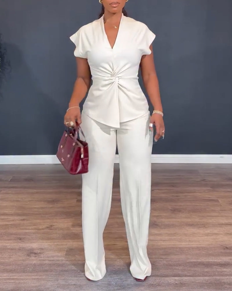 Women's 2 Piece Outfits V Neck Twist Front Slit Top and High Waisted Straight Leg Pants Set Commute Business Casual Suit