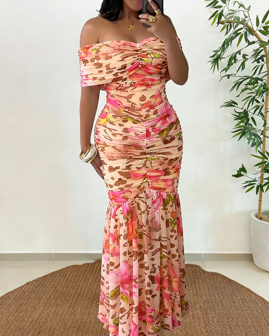 Women's Foldover Off Shoulder Mermaid Dress Ruched Bodycon Leopard Floral Maxi Dress Sexy Tropical Vacation Dress