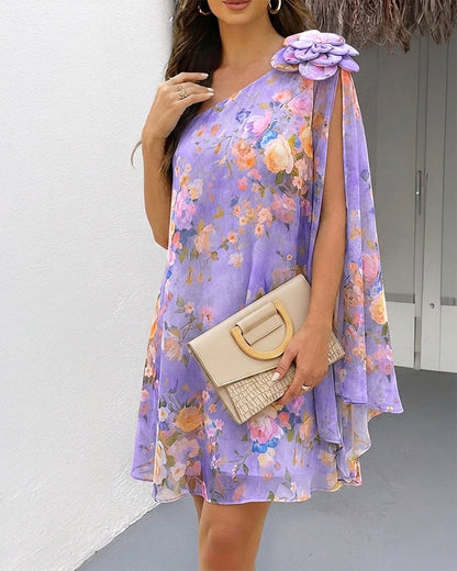CHICME Women's Floral Print One-Shoulder Chiffon Dress 3D Floral Decor Split Sleeve Loose A-Line Mini Dress