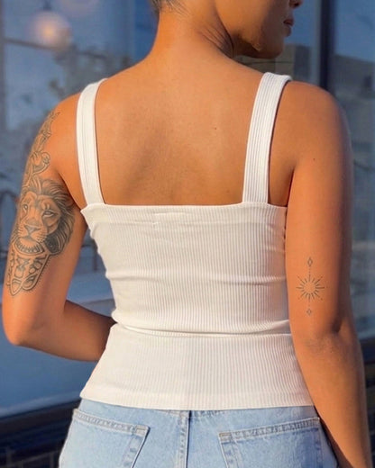 Women's Ribbed Knit Tank Top Square Neck Slim Fit Cami Top Adjustable Eyelet Strap Backless Top