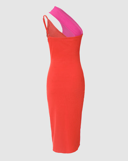 Women's Asymmetric One Shoulder Bodycon Dress Colorblock Cutout Adjustable Strap Wrap Slit Midi Dress