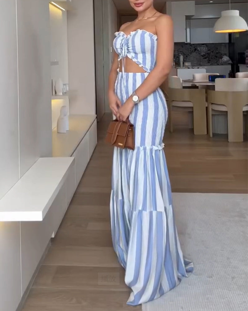 Women's Striped Tube Maxi Dress Sexy Cutout Bodycon Mermaid Dress Ruched Shirred Drawstring Vacation Dress