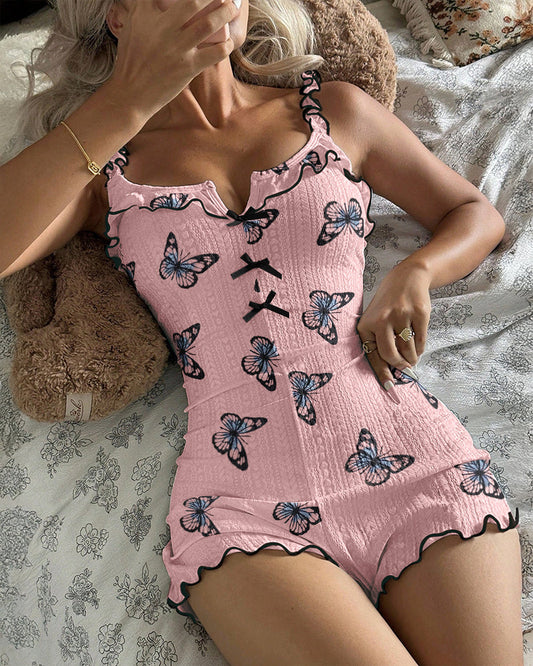Butterfly Print Notch Neck Adjustable Spaghetti Straps Contrast Piping Trim Romper Slim Fit Bowknot Decor Ruffles Spliced Backless Jacquard Textured Pajama Romper