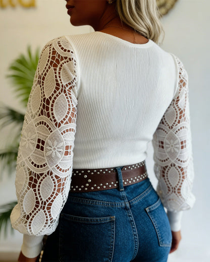 Women's V Neck Knit Top Lace Lantern Long Sleeve Pullover Ribbed Slim Fit Casual Sweater