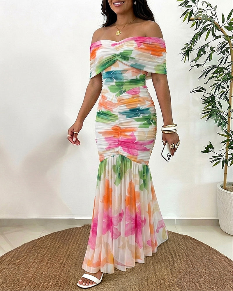 Women's Foldover Off-Shoulder Floral Mermaid Dress Mesh Ruched Maxi Gown with Detachable Clear Straps