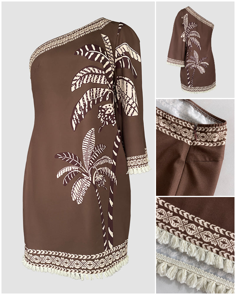Women's Tropical Print One Shoulder Mini Dress Three Quarters Sleeve Fringe Hem Vacation Dress