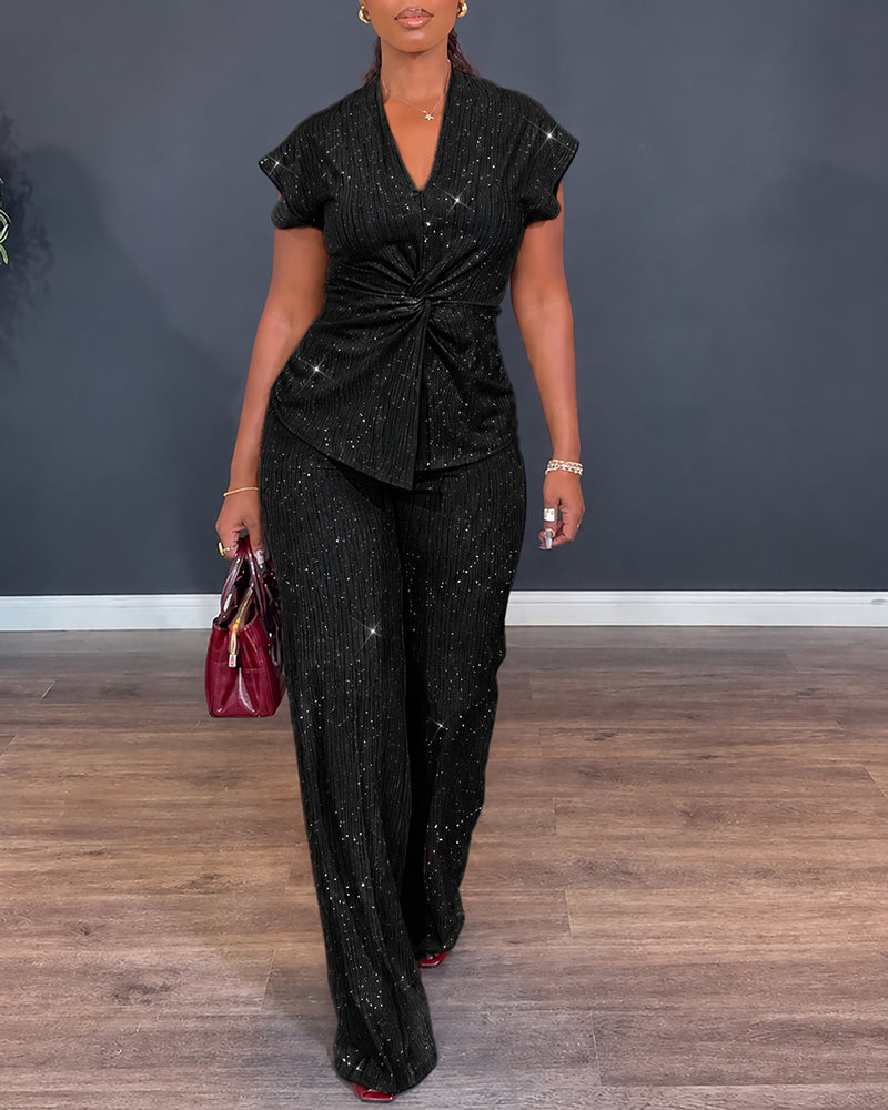 Women's Glitter Textured 2 Piece Outfits V Neck Twist Cap Sleeve Slit Top and High Waist Straight Leg Pants Set
