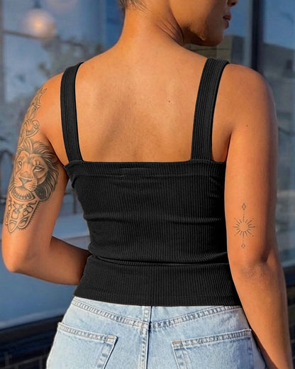 Women's Ribbed Knit Tank Top Square Neck Slim Fit Cami Top Adjustable Eyelet Strap Backless Top
