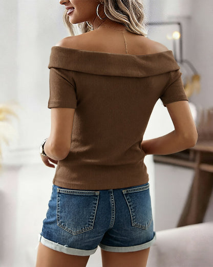 Women's Foldover Off Shoulder Rib-Knit Top Slim Fit Short Sleeve Tee with Gold Button Detail