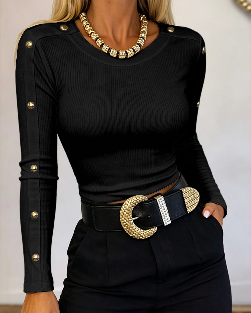 Women's Gold Studded Long Sleeve Rib-Knit T-Shirt Slim Fit Round Neck Top