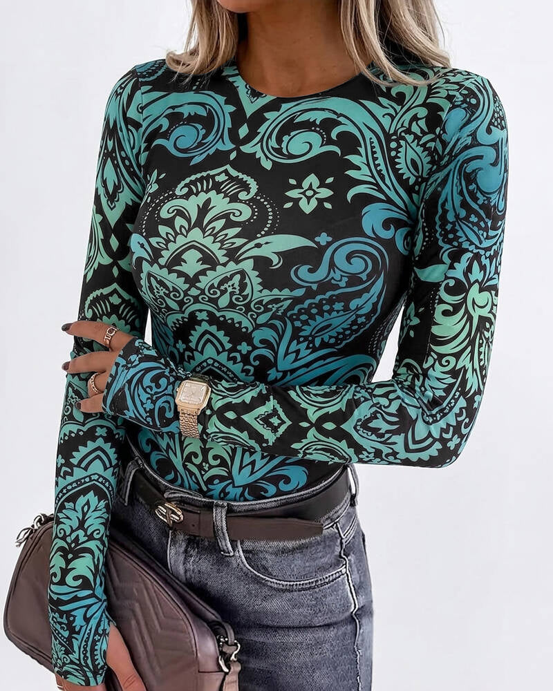 Women's Vintage Print Long Sleeve Top Slim Fit Crewneck Tee Retro Stretchy Base Layer Shirt with Thumb Holes