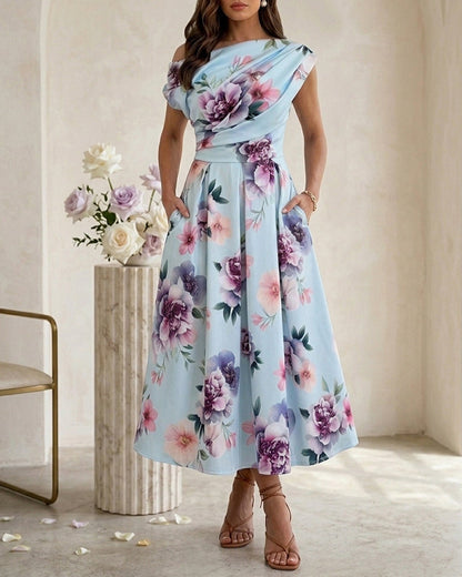 Women's Skew Neck Midi Dress Elegant Ruched Floral A-Line Dress High Waisted Vacation Dress with Pockets