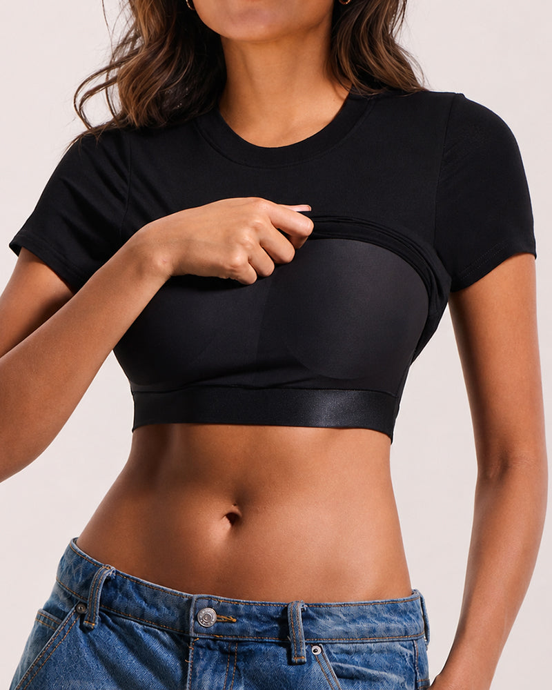 Women's Slim Fit Short Sleeve T-Shirt Crewneck Padded Tees Seamless Fitted Layering Top Going Out Shirts with Built-in Bra