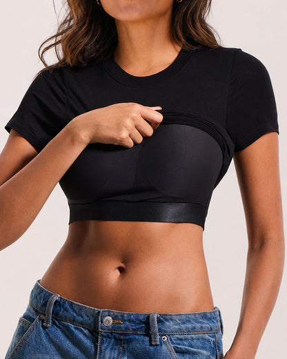 Women's Slim Fit Short Sleeve T-Shirt Crewneck Padded Tees Seamless Fitted Layering Top Going Out Shirts with Built-in Bra