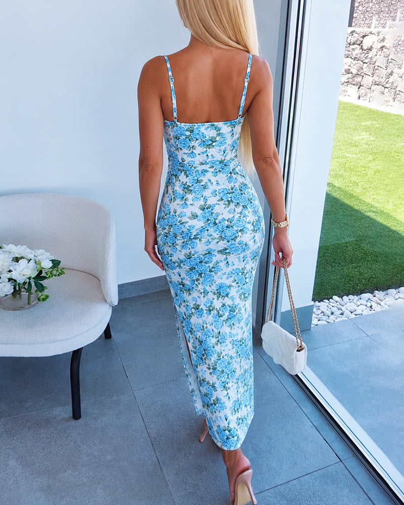 Women's Lace Patchwork Floral Cami Dress Slim Fit High Slit Backless Vacation Dress