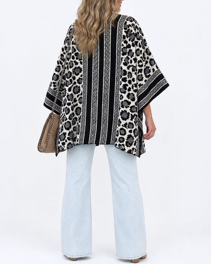 Women's Leopard Print Poncho Cardigan Contrast Striped Trim Open Front Loose Fit Batwing Sleeve Knit Cape Shawl