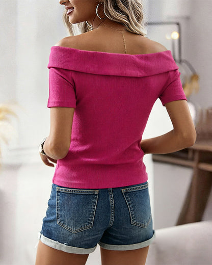 Women's Foldover Off Shoulder Rib-Knit Top Slim Fit Short Sleeve Tee with Gold Button Detail
