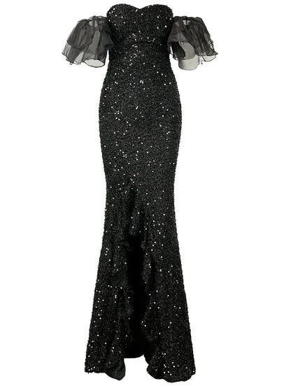 Off Shoulder Black Sequin Prom Dress