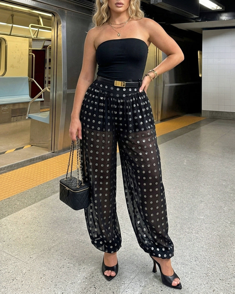 MISSYSECRET Women's Polka Dot Sheer Lantern Pants High Waist Loose Fit Harem Pants Vintage See-Through Trousers with Lining