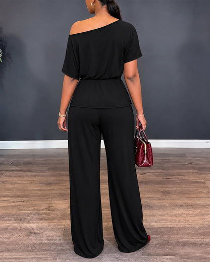 Women's Two Piece Outfits Convertible Shoulder Ruched Top and High Waisted Straight Leg Pants Set