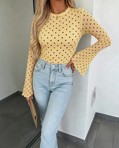 Women's Polka Dot Mesh Top Flare Long Sleeve Boat Neck Lined Asymmetric Frill Hem Blouse Vintage Party Shirt