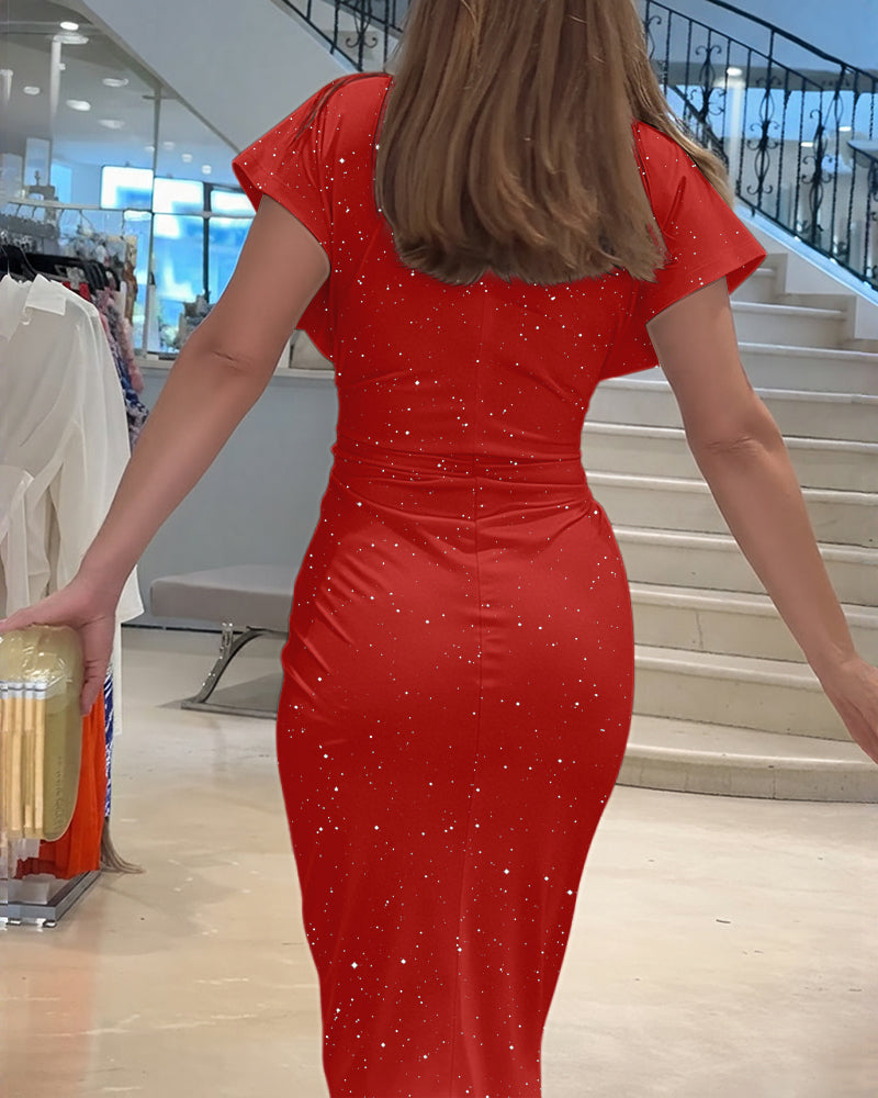 Women's Deep V Neck Glitter Bodycon Dress Ruched Batwing Sleeve High Slit Evening Gown Sparkly Cocktail Party Dress