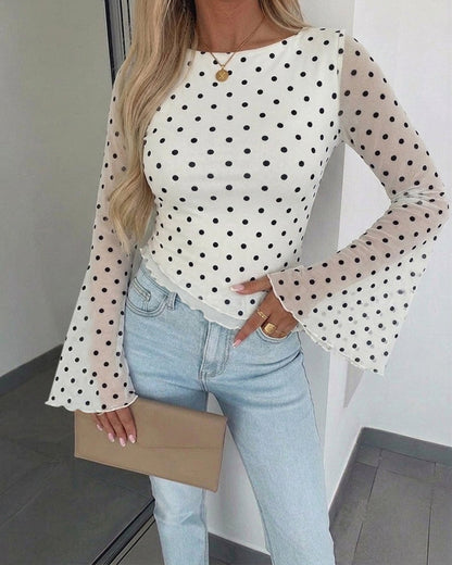 Women's Polka Dot Mesh Top Flare Long Sleeve Boat Neck Lined Asymmetric Frill Hem Blouse Vintage Party Shirt
