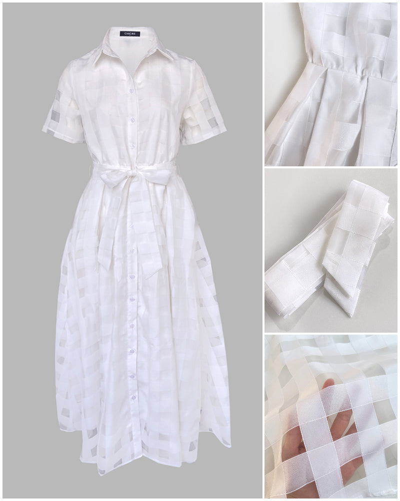 Women's Sheer Plaid Maxi Dress Short Sleeve Double Layer Swing Vacation Dress Elegant Flowy A Line Dress with Belt